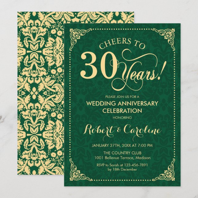 30th Wedding Anniversary Emerald Green Gold Damask Invitation (Front/Back)