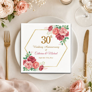 30th Wedding Anniversary Gold Frame Floral Napkin
