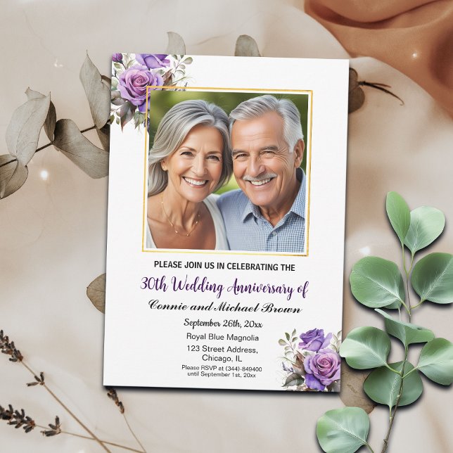30th Wedding Anniversary Gold Frame Purple Roses Invitation (Creator Uploaded)
