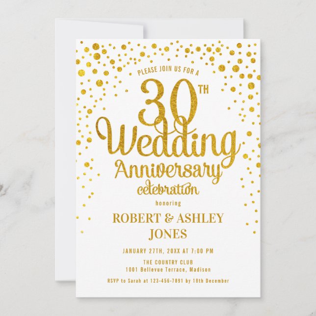 30th Wedding Anniversary - Gold & White Invitation (Front)