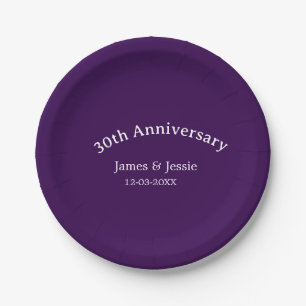 30th wedding anniversary name date purple simple paper plate