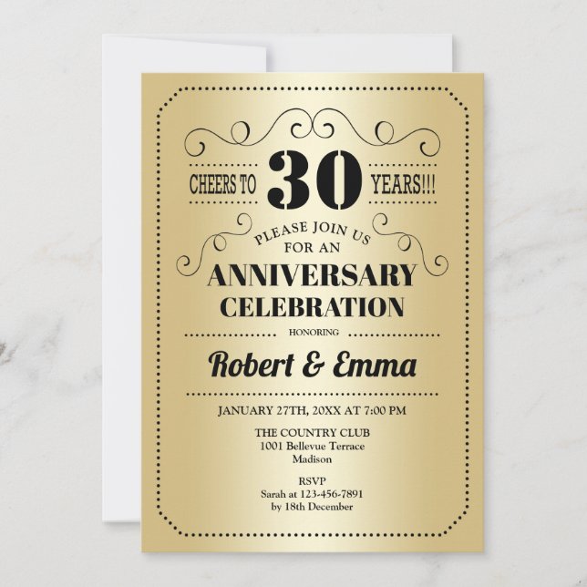 30th Wedding Anniversary Party - Gold Black Invitation (Front)
