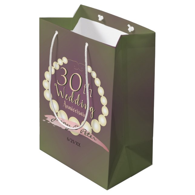 30th Wedding Anniversary Pearls on Plum Moss Medium Gift Bag (Back Angled)