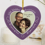 30th Wedding Anniversary Photo Ceramic Ornament<br><div class="desc">30 years of marriage are associated with pearls. Celebrate with a special custom photo ornament in a delightful heart shape frame bordered by a pearl motif. Simply upload your own photo of the married couple and it will appear in the cutout. The soft purple surround features a script font and...</div>