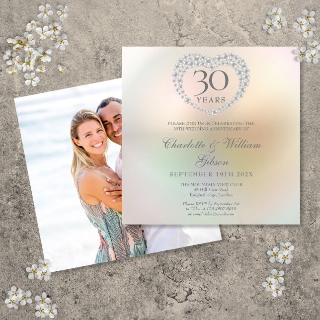 30th Wedding Anniversary Photo Square Pearl Heart Invitation (30th Wedding Anniversary Photo Square Pearl Heart Invitation)