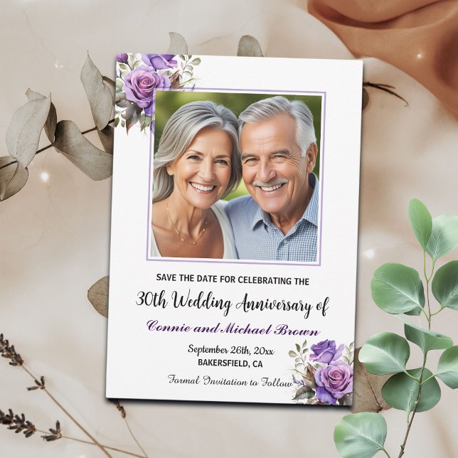 30th Wedding Anniversary Purple Roses Photo Save The Date (Creator Uploaded)