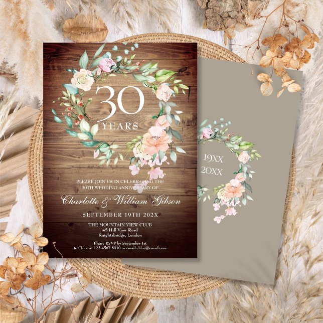 30th Wedding Anniversary Rustic Roses Greenery  Invitation (30th Wedding Anniversary Rustic Roses Greenery Invitation)