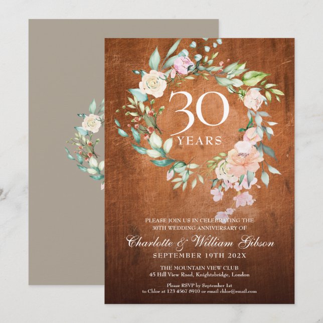 30th Wedding Anniversary Rustic Vintage Wood Roses Invitation (Front/Back)