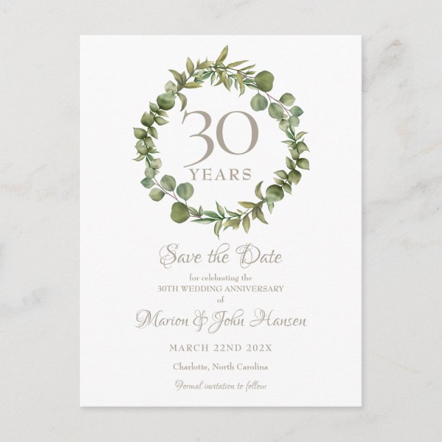 30th Wedding Anniversary Save the Date Greenery Announcement Postcard (Front)