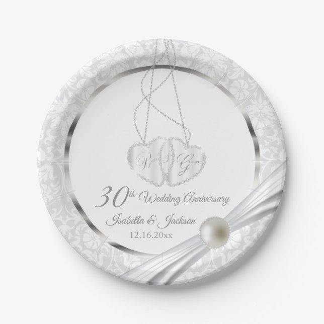 30th  White Pearl Wedding Anniversary Design Paper Plate (Front)