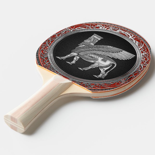 [310] Assyrian Winged Bull - Silver Lamassu Ping Pong Paddle (Back Angle)