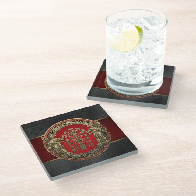 [310] Two Gold Ninurtas with Tree of Life Glass Coaster (Angled)