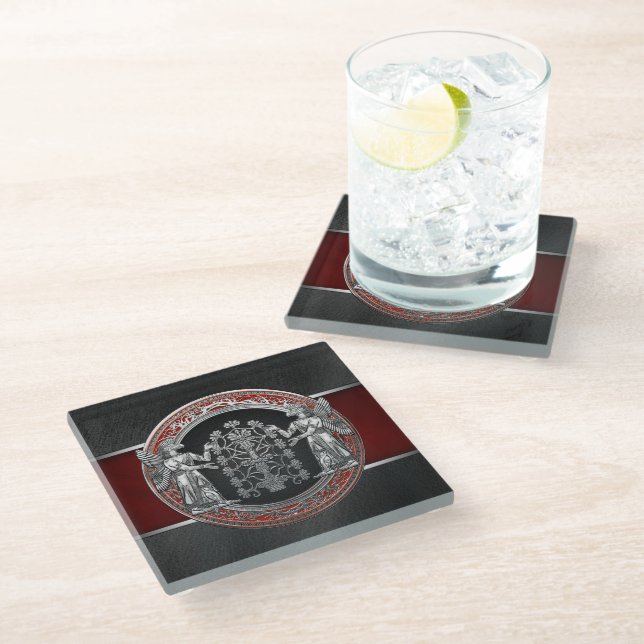 [310] Two Silver Ninurtas with Tree of Life Glass Coaster (Angled)
