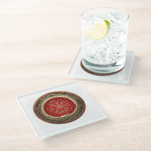 [310] Vegvisir - Viking Gold Magic Runic Compass Glass Coaster