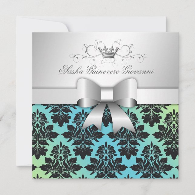 311-Blackberry Damask Bow  Turquoise Lime Sweet 16 Invitation (Front)