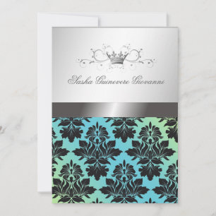 311-Blackberry Damask Ribbon Turquoise Lime Invitation