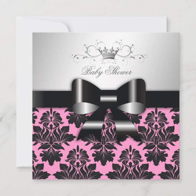311-Blackberry Pink Damask Black Bow | Baby Shower Invitation (Front)