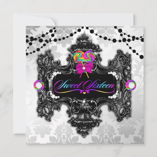 311 Candy Wonderland Sweet 16 White Damask Invitation (Front)