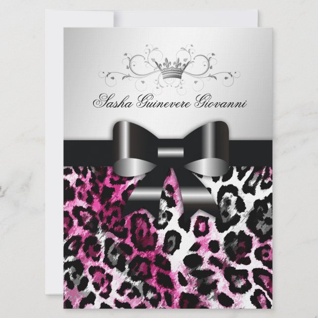 311 Chic Hot Pink Leopard Bow Metallic Invitation (Front)