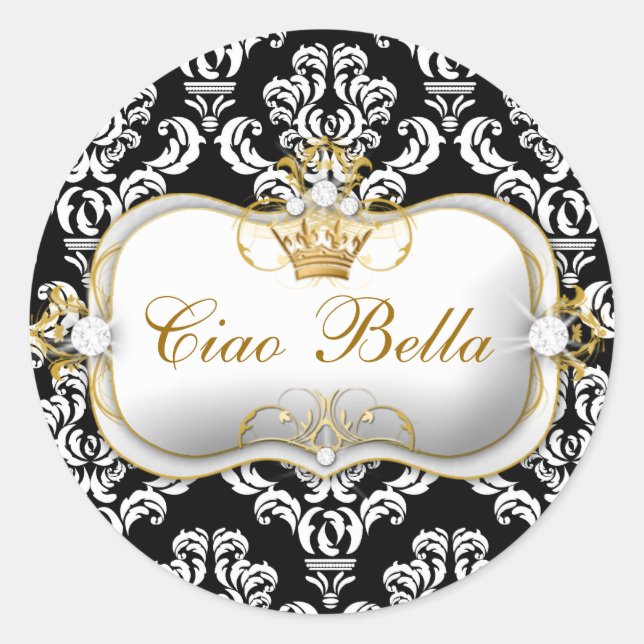 311 Ciao Bella Elegant Damask Black White Classic Round Sticker (Front)