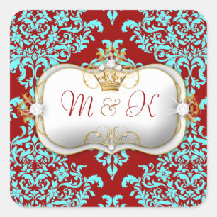 311 Ciao Bella & Lovey Dovey Damask Red Turquiose Square Sticker