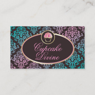 311 Cupcake Divine Solid Aqua Pink Damask Business Card