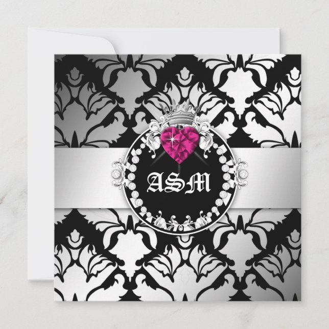 311-Damask Queen of Hearts Sweet 16 BW Invitation (Front)