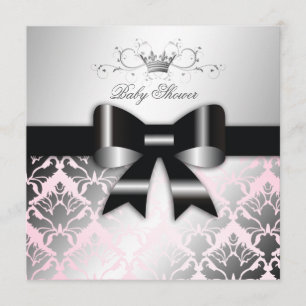 311-Damask Shimmer Black Bow Pink Baby Shower Invitation