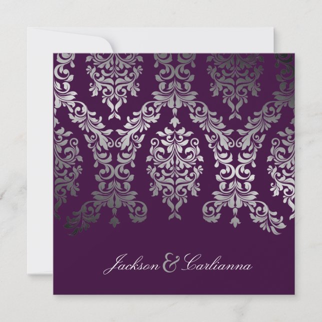 311-Dashing Damask | Faux Silver Eggplant Invitation (Front)