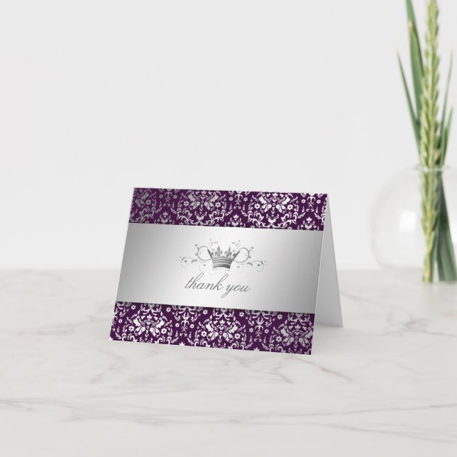 311-Dazzling Damask Silver Thank you Eggplant Card (Front)
