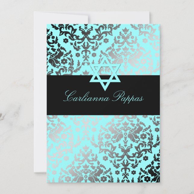 311 Dazzling Damask Turquoise Blue Star of David Invitation (Front)