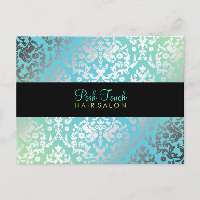 311 Dazzling Damask Turquoise & Lime Black Postcard (Front)