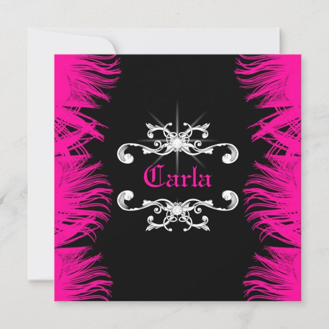 311 Diamond Luxe Hot Pink Feathers Invitation (Front)