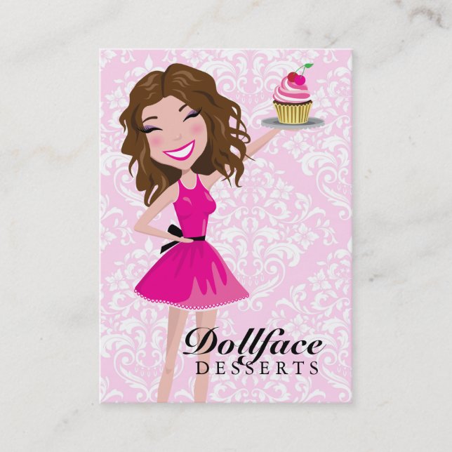 311 Dollface Desserts Brownie Pink Damask 3.5 x 2 Business Card (Front)