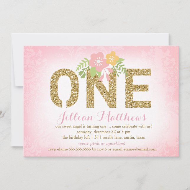 311 Faux Gold Glitter One First Birthday Invitation (Front)