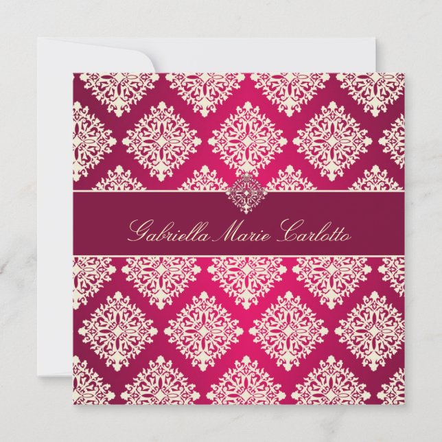 311 Gabriella Hot Pink & MaroonDamask Invitation (Front)