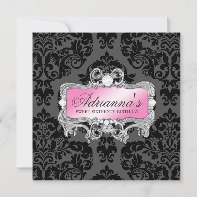 311 Glam Pink Grey Damask Diamonds Invitation (Front)