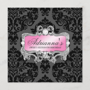 311 Glam Pink Grey Damask Diamonds Invitation