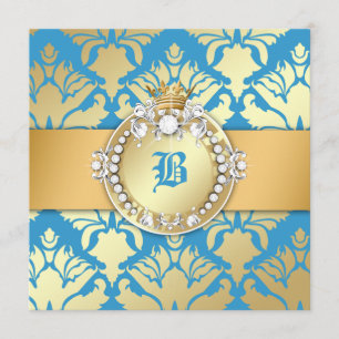 311-Golden Blue Damask Shimmer Queen Baby Shower Invitation