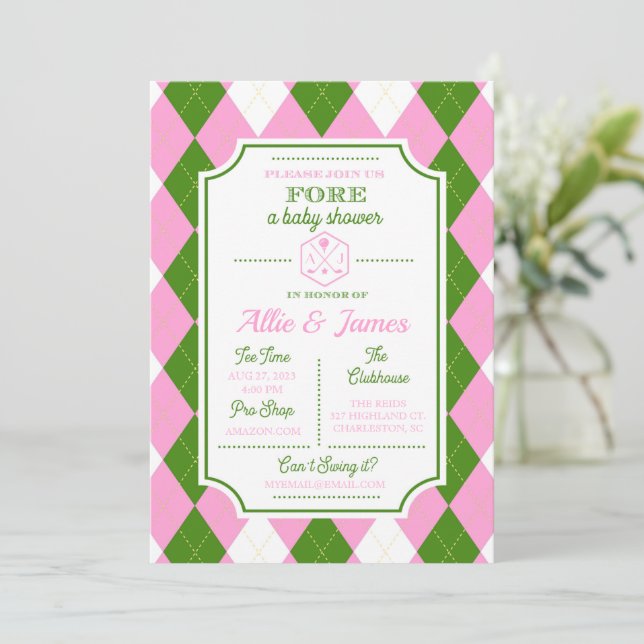 311 Golf Thème Baby shower Rose Green Invitation (Debout devant)