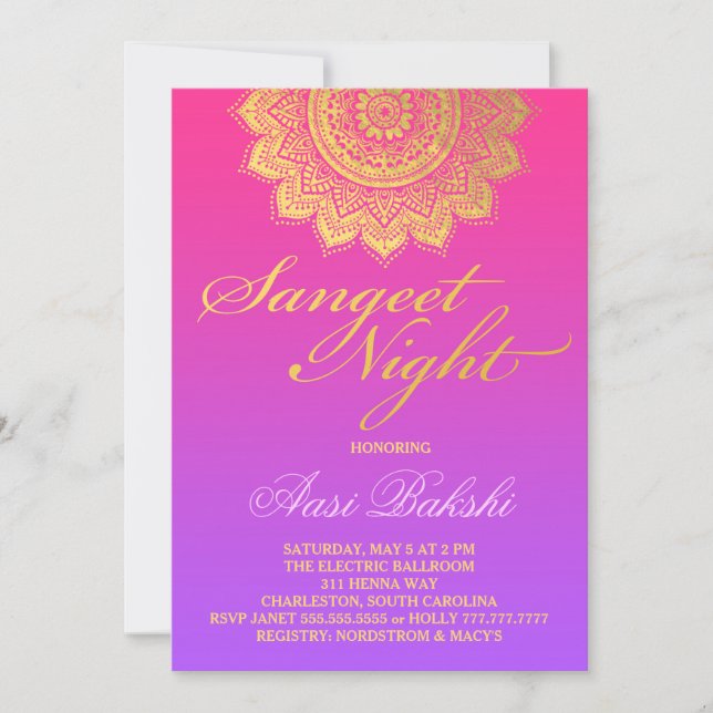 311 Henna Sangeet NiPink Purple Ombre Invitation (Front)
