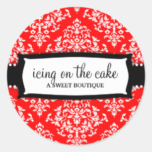 311 Icing on the Cake Cherry Red White Damask Classic Round Sticker