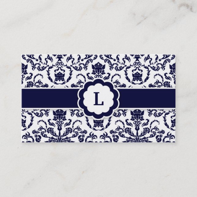 311 Lauren Damask Monogram Navy Business Card (Front)
