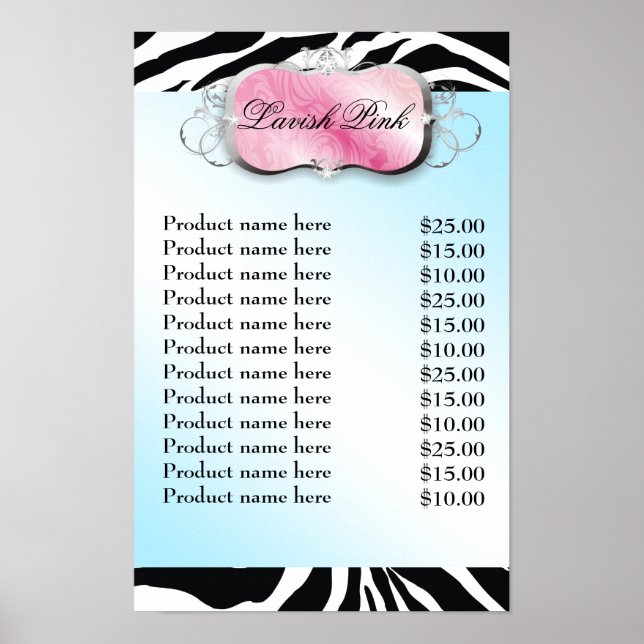 311 Lavish Pink Platter Zebra Price List Poster (Front)
