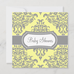 311 Lovey Dovey Damask Baby Shower Yellow Grey Invitation