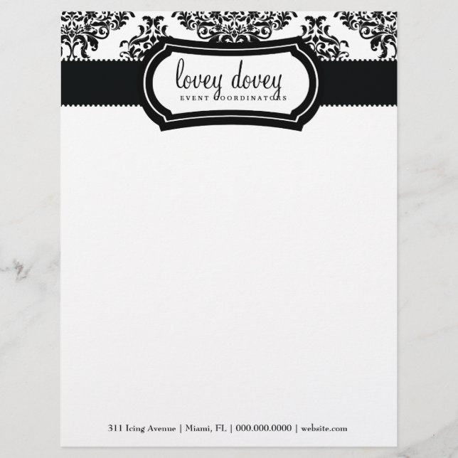 311 Lovey Dovey Damask Black White Letterhead (Front)