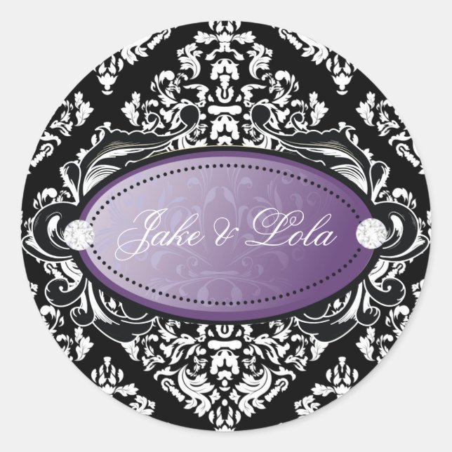 311 Luxuriously Black White Damask Purple Classic Round Sticker (Front)