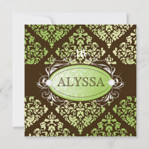 311-Luxuriously Lime Brown Damask Sweet 16 Invitation