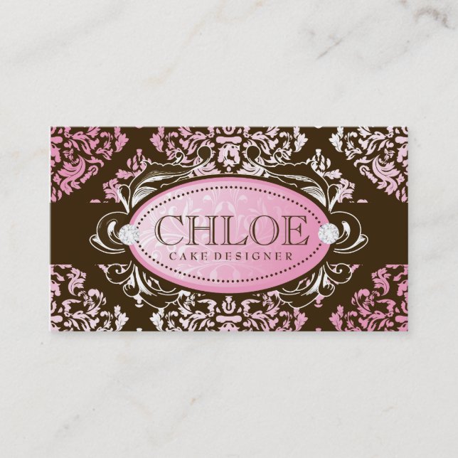 311 Luxuriously Pink N Brown Damask Monogram Business Card (Front)