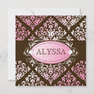 311-Luxuriously Pink N Brown Damask Sweet 16 Invitation